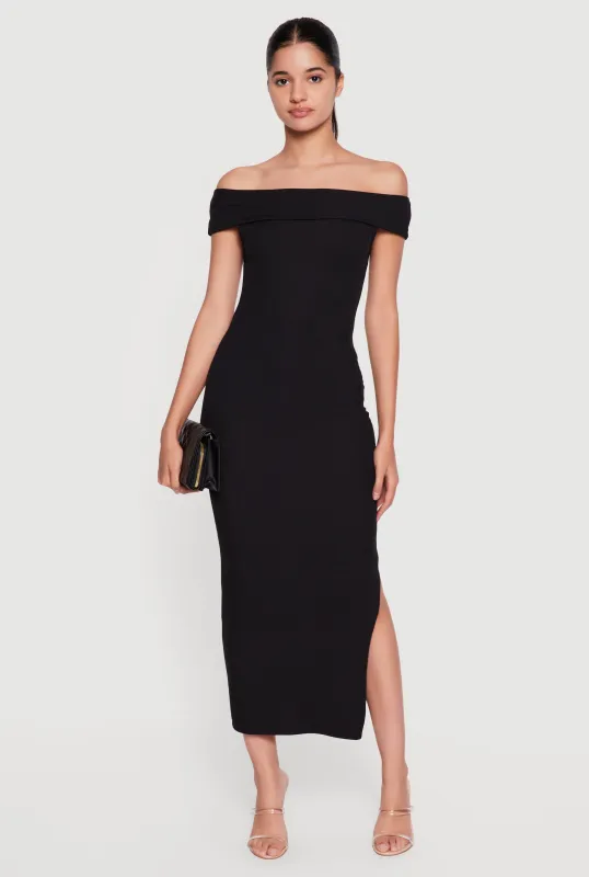 Fold Over Off the Shoulder Side Slit Midi Dress made by Rainbow