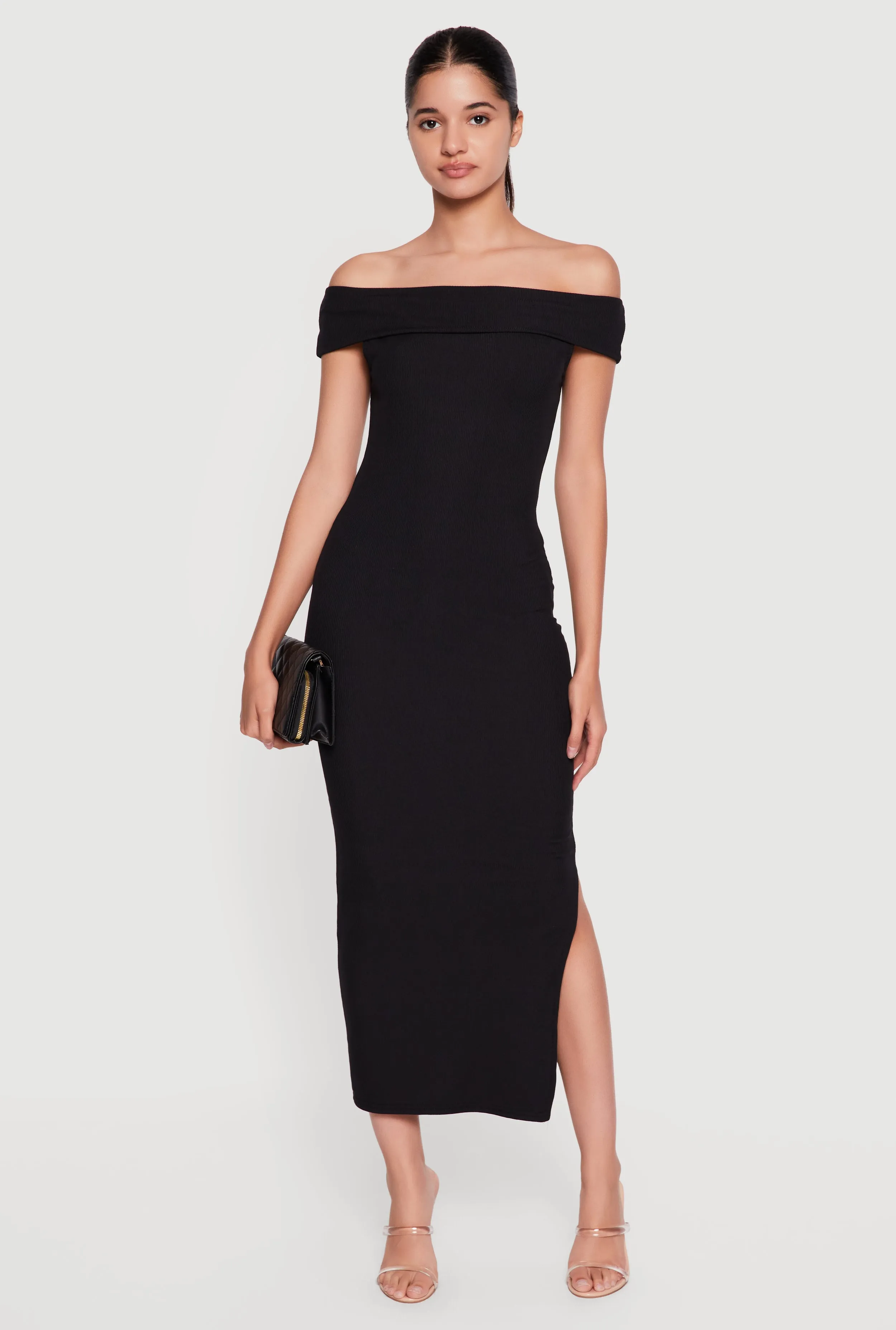 Fold Over Off the Shoulder Side Slit Midi Dress sold by Rainbow