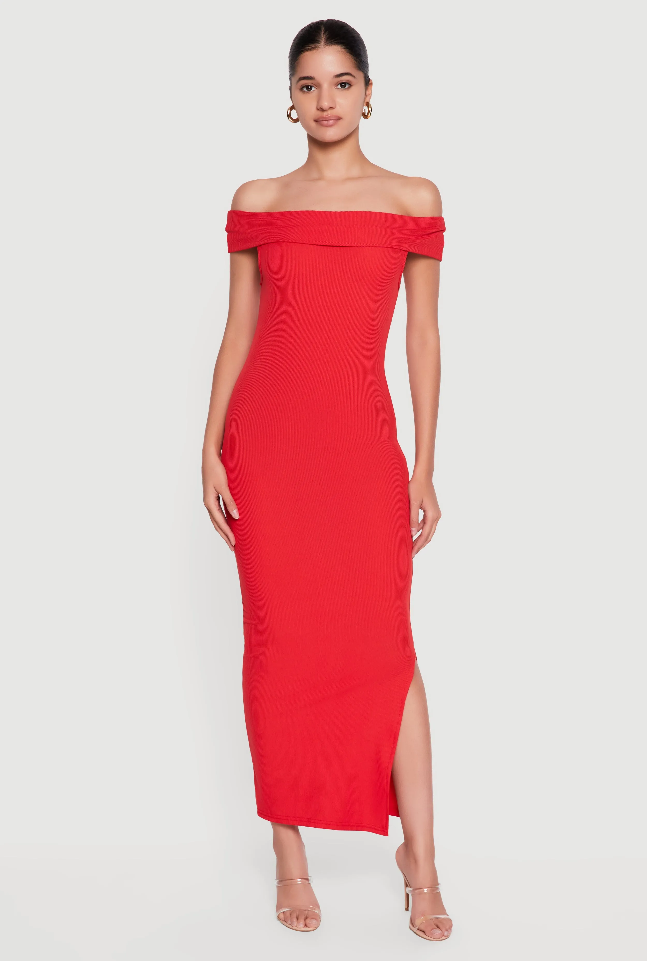 Fold Over Off the Shoulder Side Slit Midi Dress sold by Rainbow product image thumbnail 3