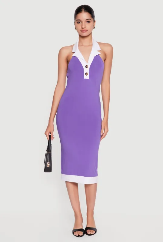 Contrast Trim Halter Neck Midi Dress made by Rainbow