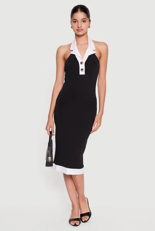 Contrast Trim Halter Neck Midi Dress made by Rainbow