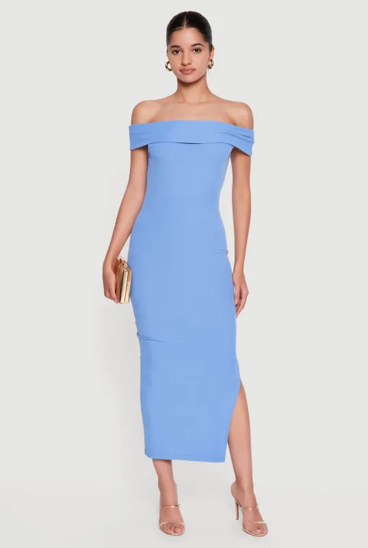 Fold Over Off the Shoulder Side Slit Midi Dress made by Rainbow