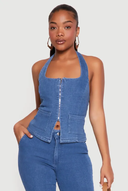 Zip Front Denim Halter Top made by Rainbow