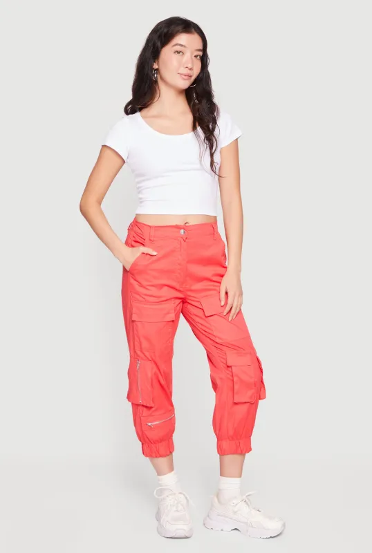 Poplin Zipper Detail High Waisted Cargo Capris Pants made by Rainbow