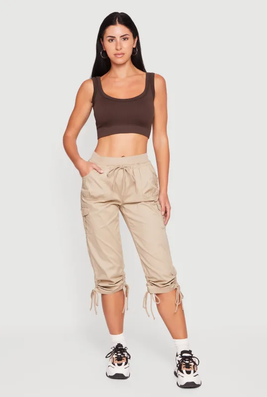 Drawstring Waisted Cargo Pocket Capris Pants made by Rainbow