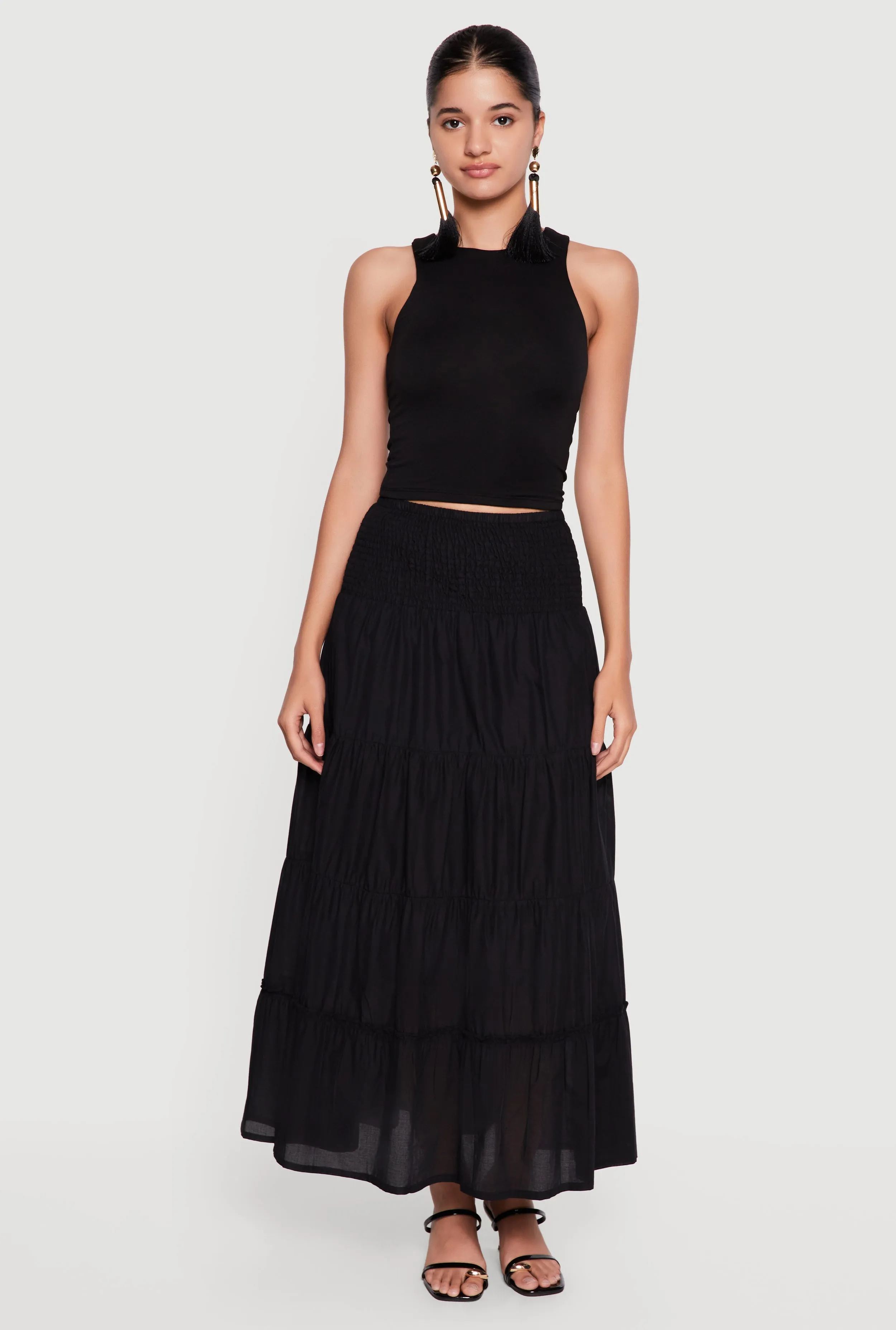 Smocked High Waisted Tiered Ruffle Trim Skirt sold by Rainbow product image thumbnail 2