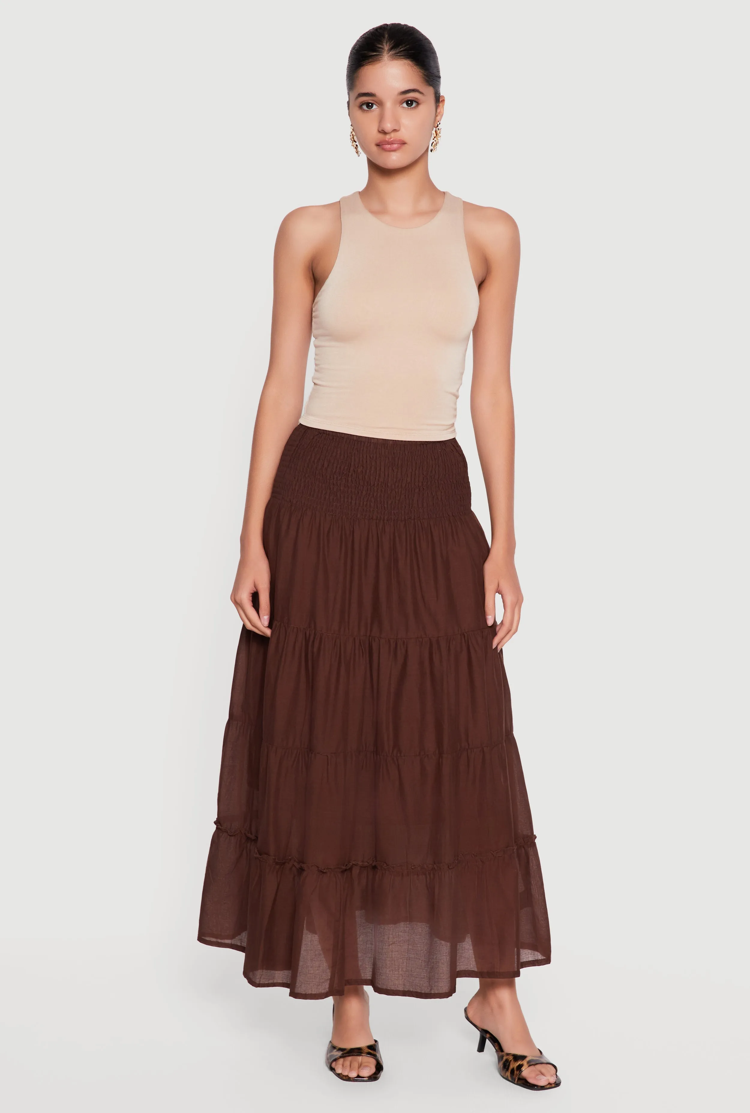 Smocked High Waisted Tiered Ruffle Trim Skirt sold by Rainbow product image thumbnail 3