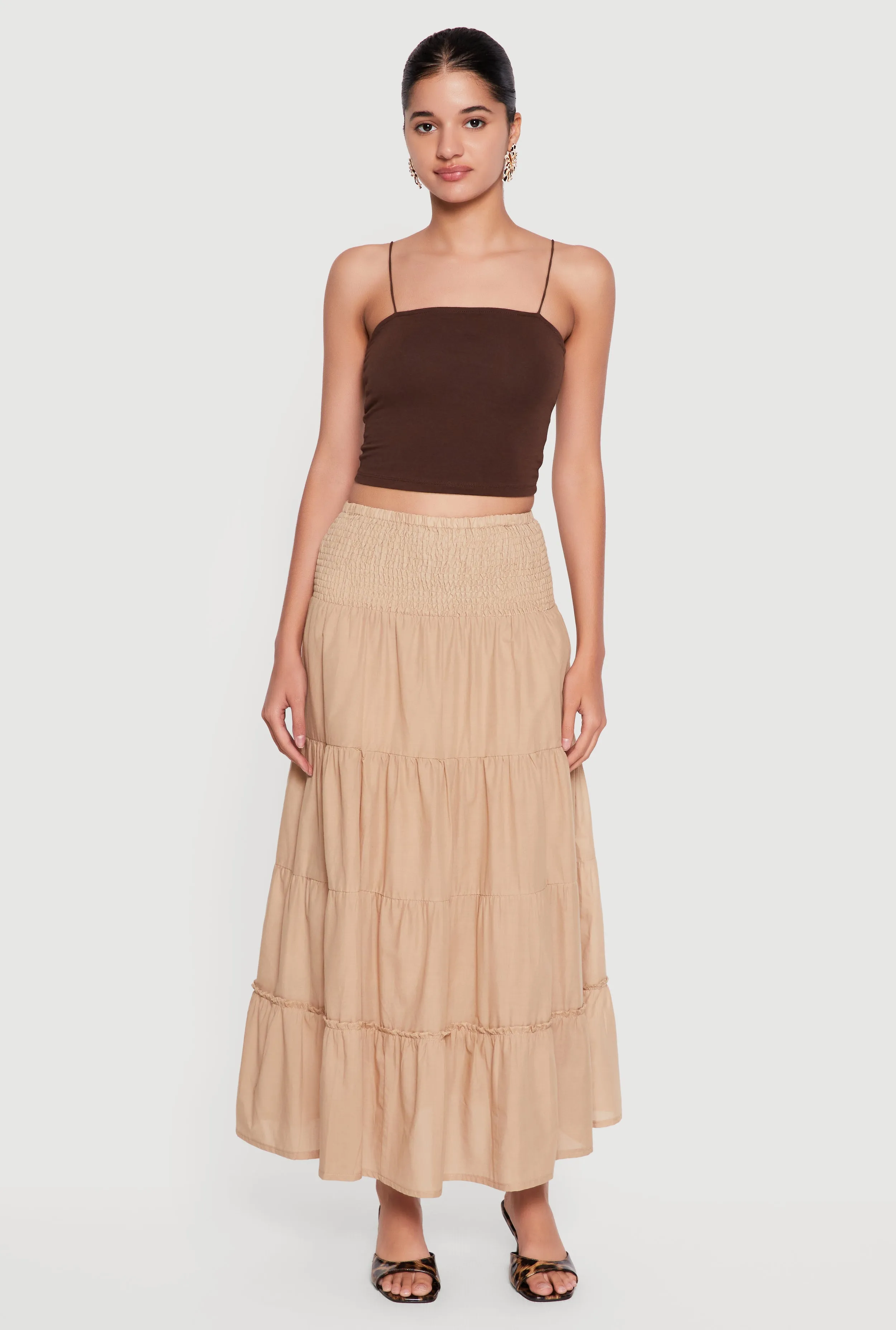 Smocked High Waisted Tiered Ruffle Trim Skirt sold by Rainbow product image thumbnail 4