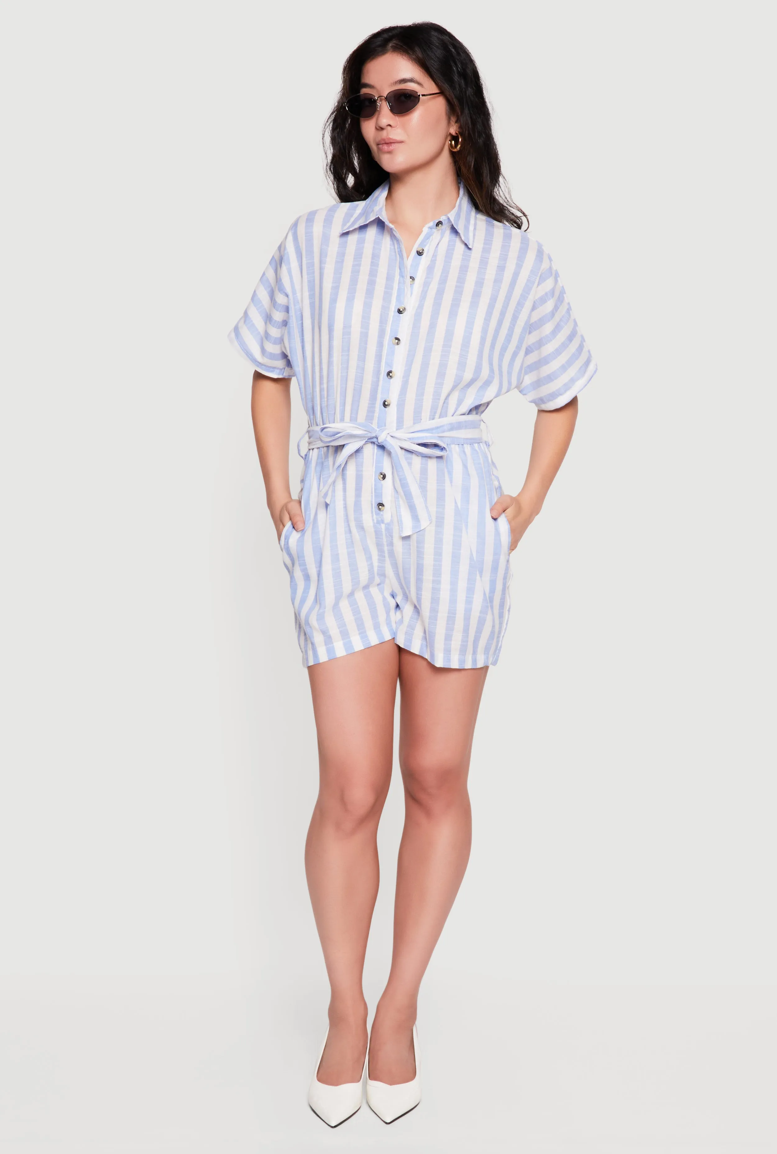 Striped Tie Waist Belted Button Front Romper sold by Rainbow product image thumbnail 3
