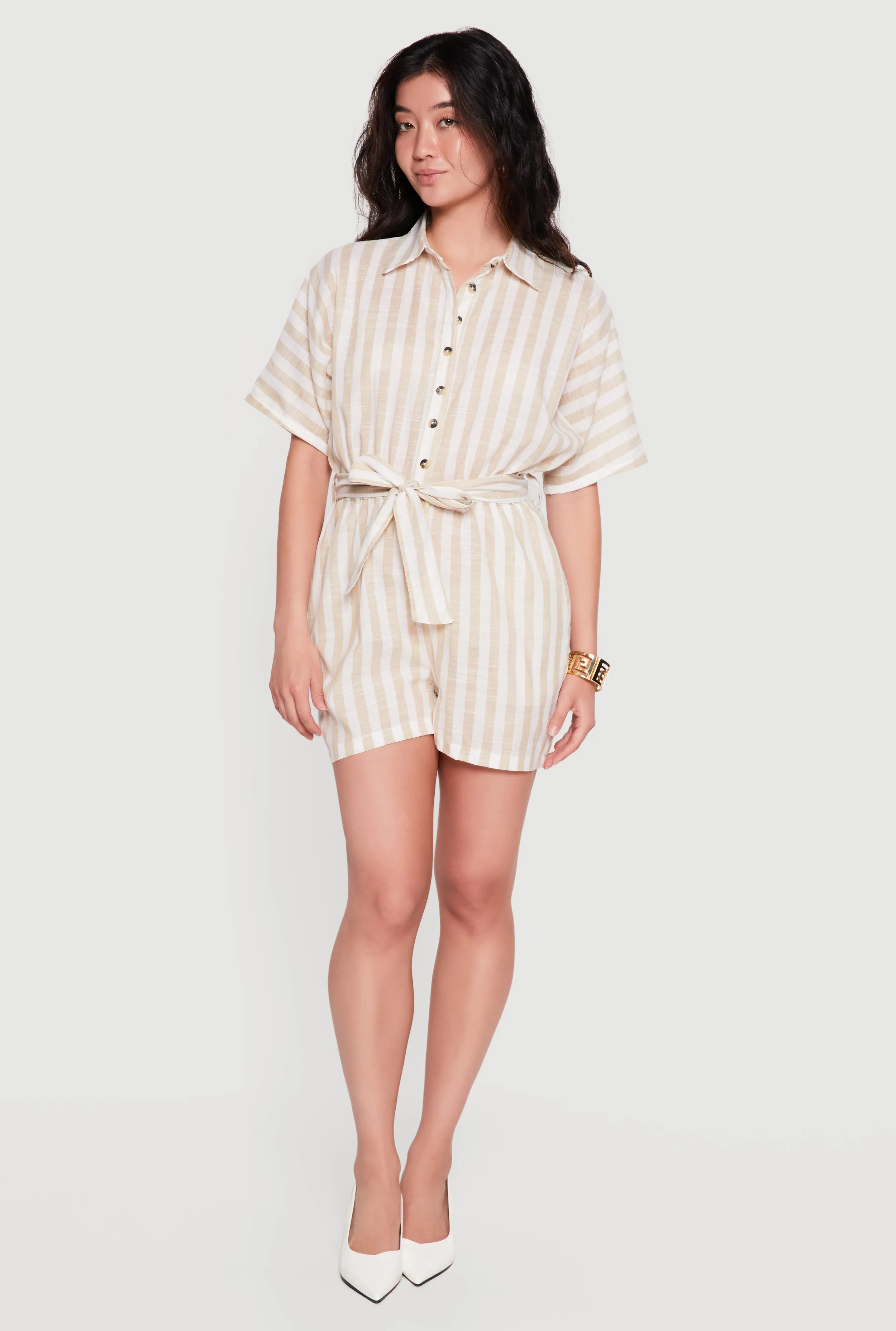 Striped Tie Waist Belted Button Front Romper sold by Rainbow