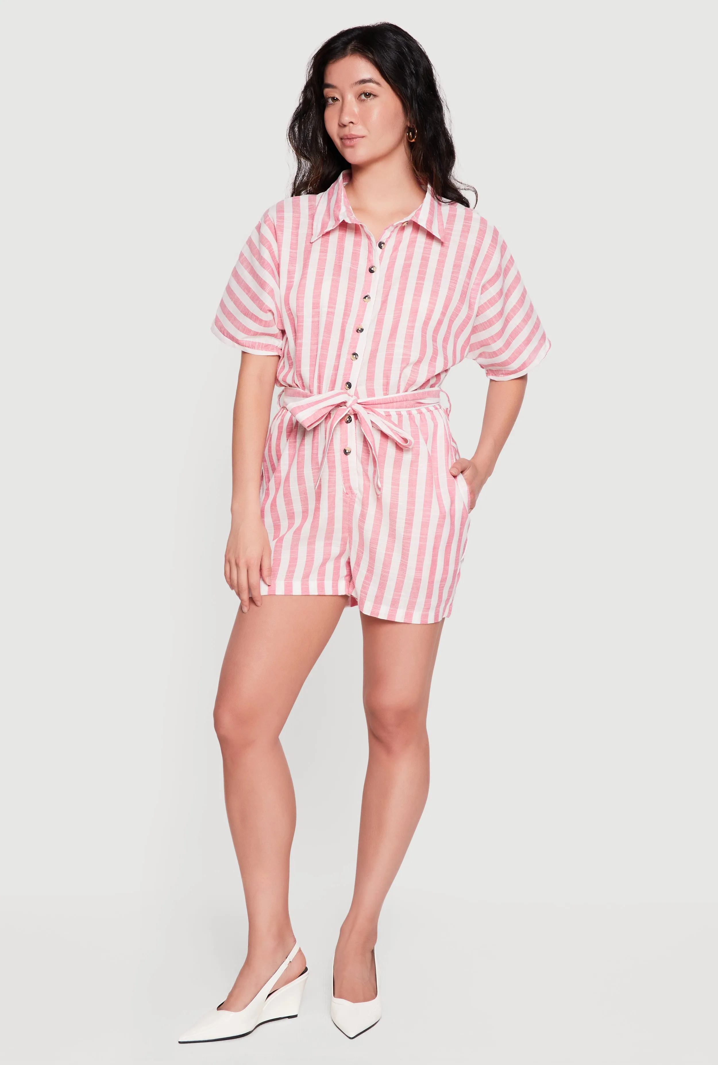 Striped Tie Waist Belted Button Front Romper sold by Rainbow product image thumbnail 2