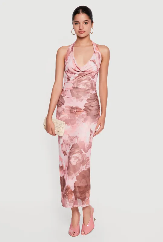 Floral Mesh Cowl Neck Halter Dress made by Rainbow