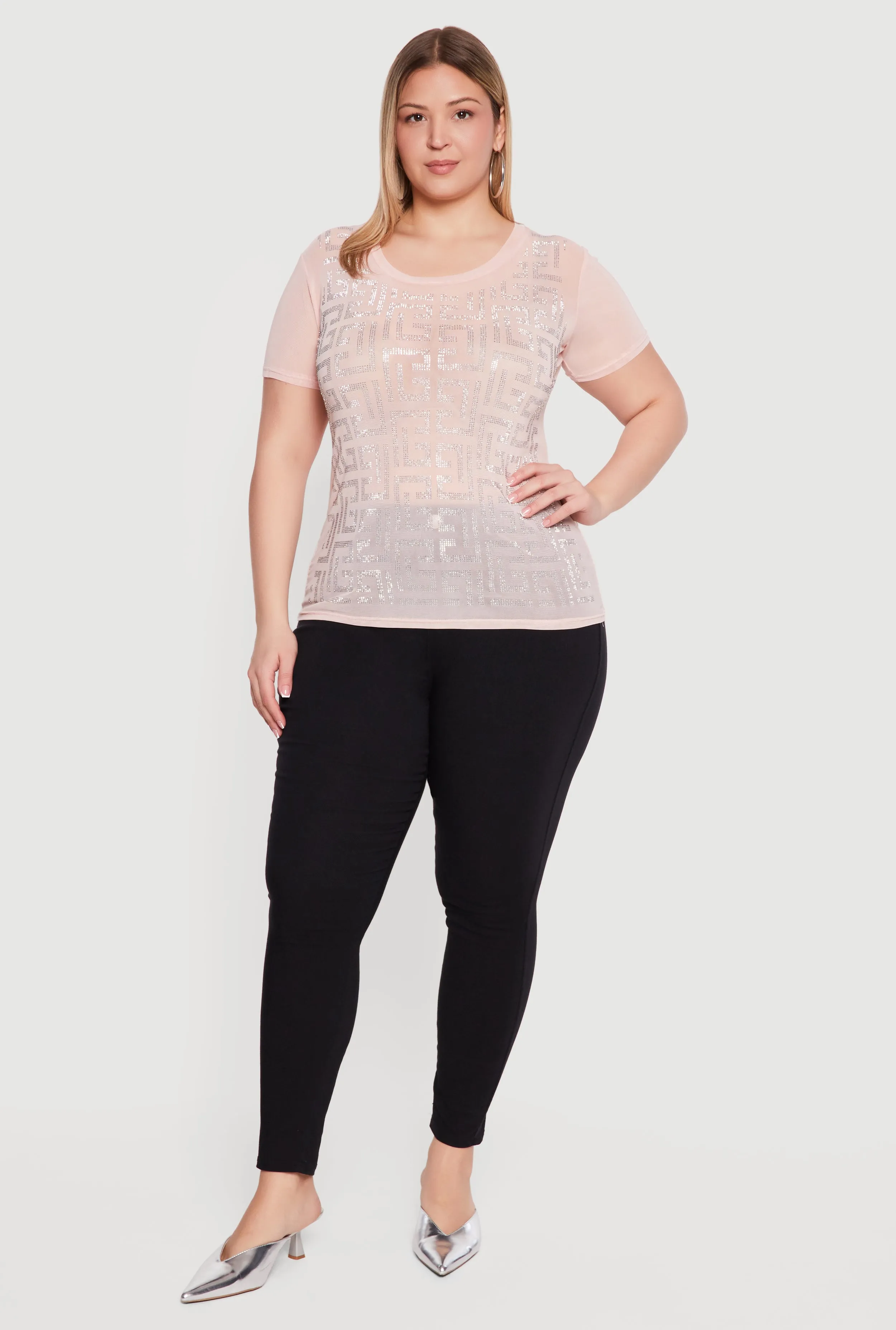 Plus Size Mesh Greek Key Rhinestone Top sold by Rainbow