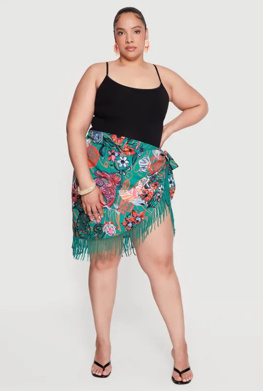 Plus Size Floral Fringe Side Tie Wrap Skirt made by Rainbow