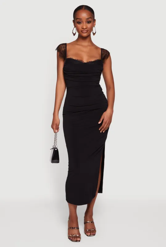 Lace Cap Sleeve Bustier Cowl Neck Midi Dress made by Rainbow