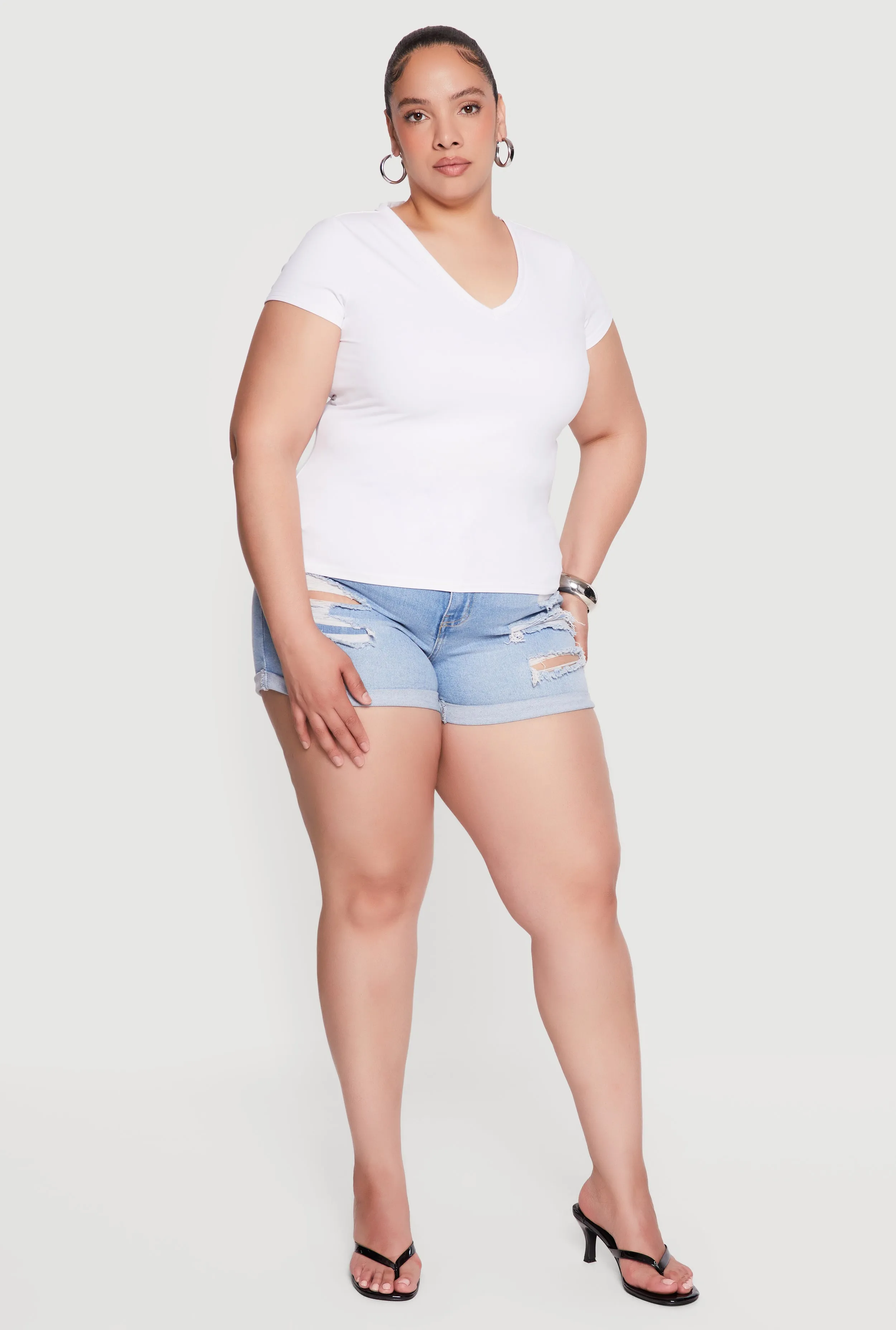 Plus Size Basic Short Sleeve V-Neck Top sold by Rainbow