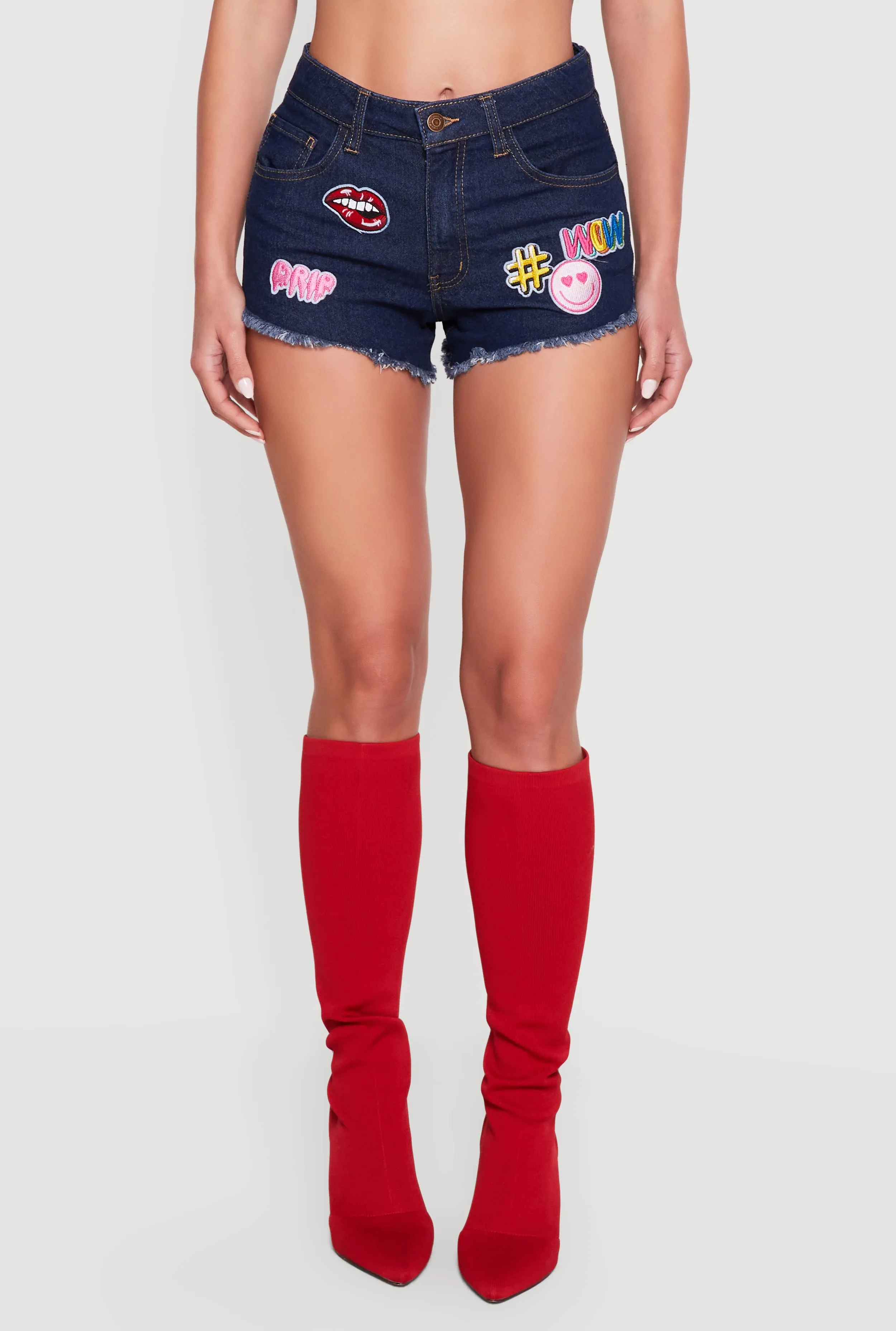 Embroidered Patch Graphic Raw Hem Denim Shorts sold by Rainbow product image thumbnail 3