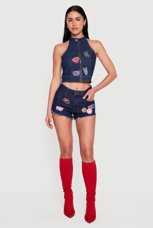 Embroidered Patch Graphic Raw Hem Denim Shorts made by Rainbow