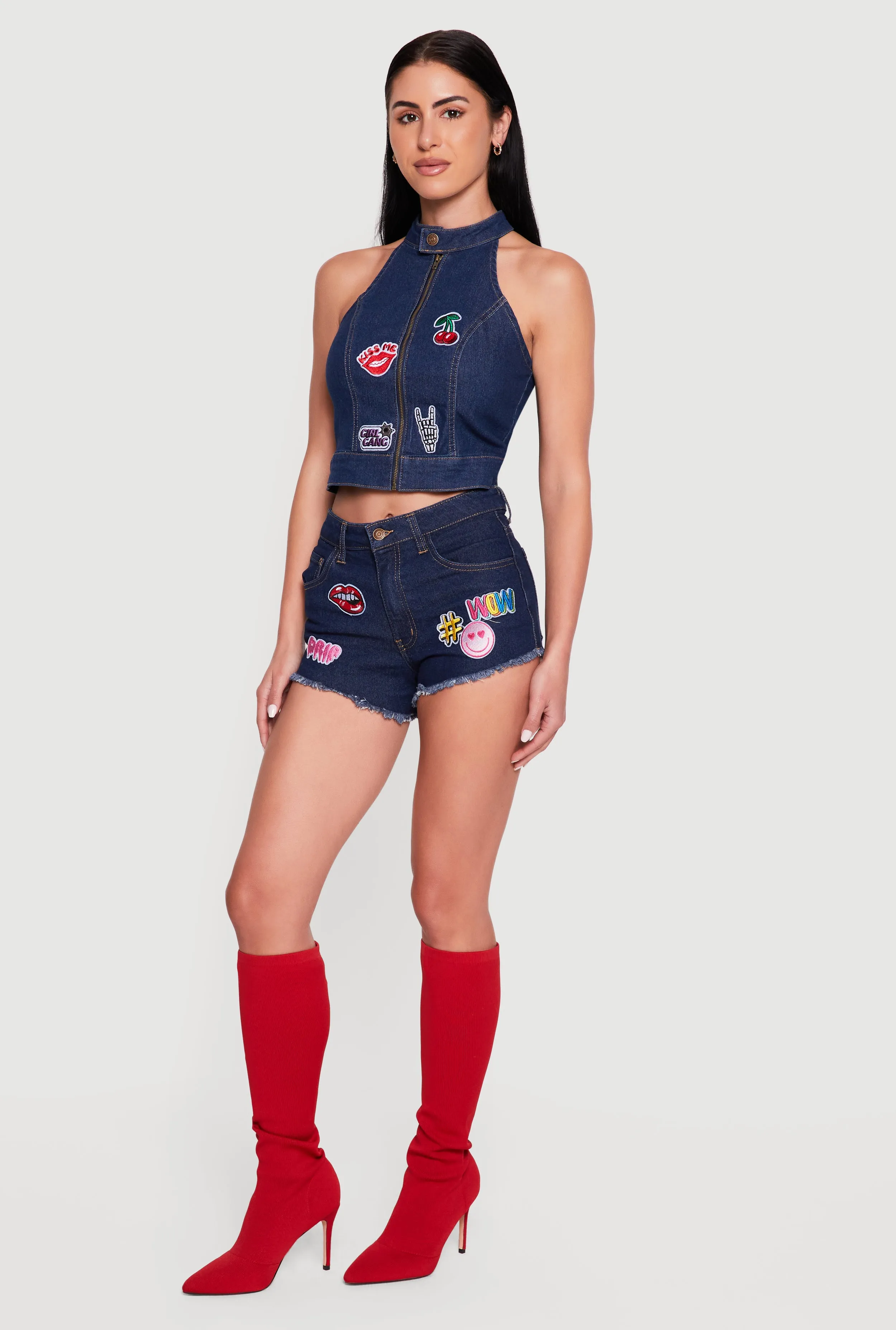 Embroidered Patch Graphic Raw Hem Denim Shorts sold by Rainbow product image thumbnail 2