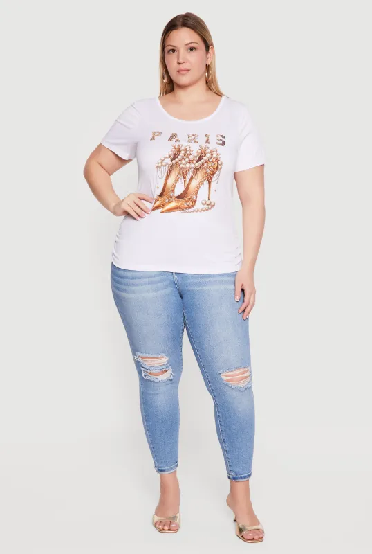 Plus Size Rhinestone Paris Heels Graphic Side Ruched Tee made by Rainbow