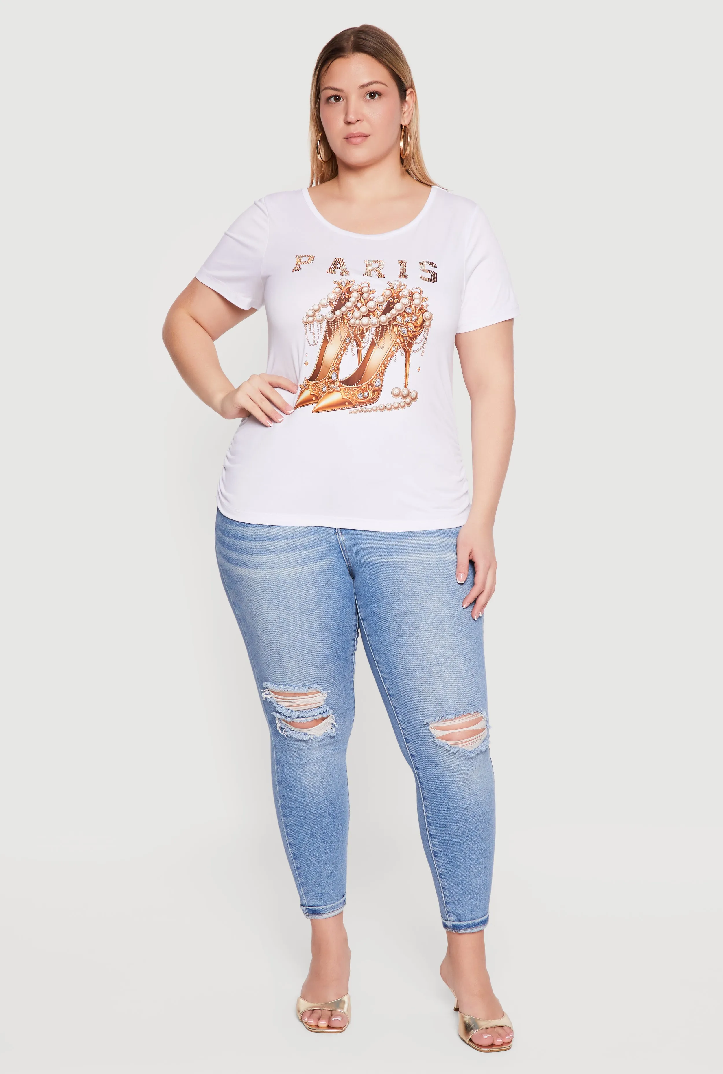 Plus Size Rhinestone Paris Heels Graphic Side Ruched Tee sold by Rainbow