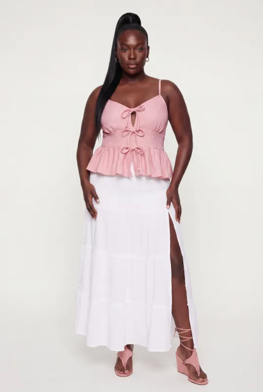 Plus Size Tie Front Keyhole Detail Peplum Top made by Rainbow