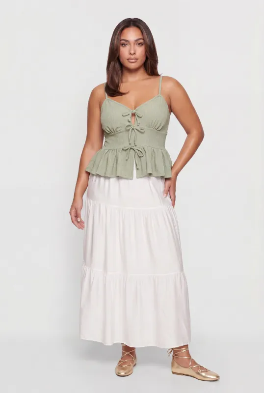 Plus Size Tie Front Keyhole Detail Peplum Top made by Rainbow