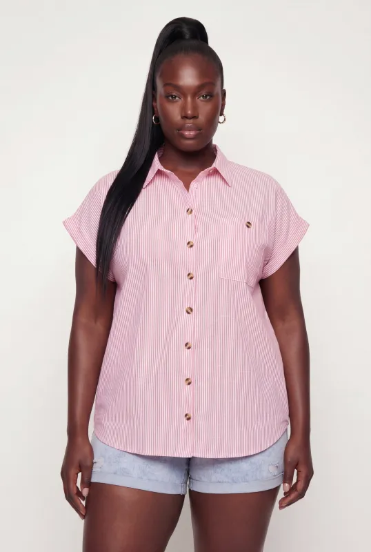 Plus Size Pocket Detail Button Front Striped Shirt made by Rainbow