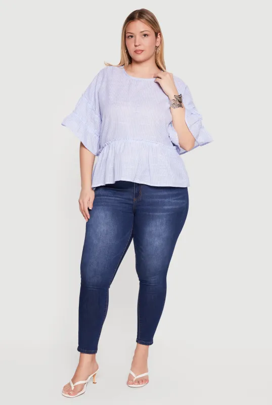 Plus Size Pinstripe Peplum Blouse with Ruffle Tiered Sleeves made by Rainbow