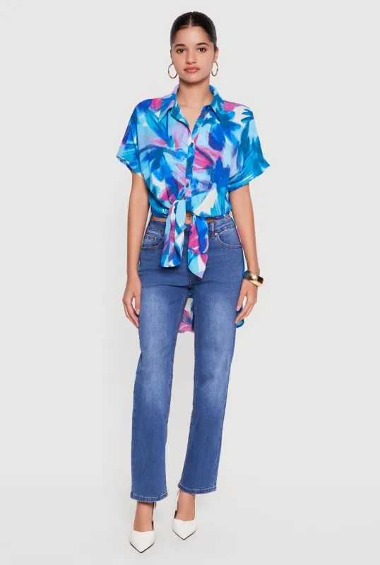 Watercolor Floral Print Button Front High Low Shirt made by Rainbow