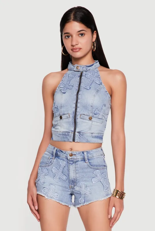 Cross Applique Zip Front Denim Crop Top made by Rainbow