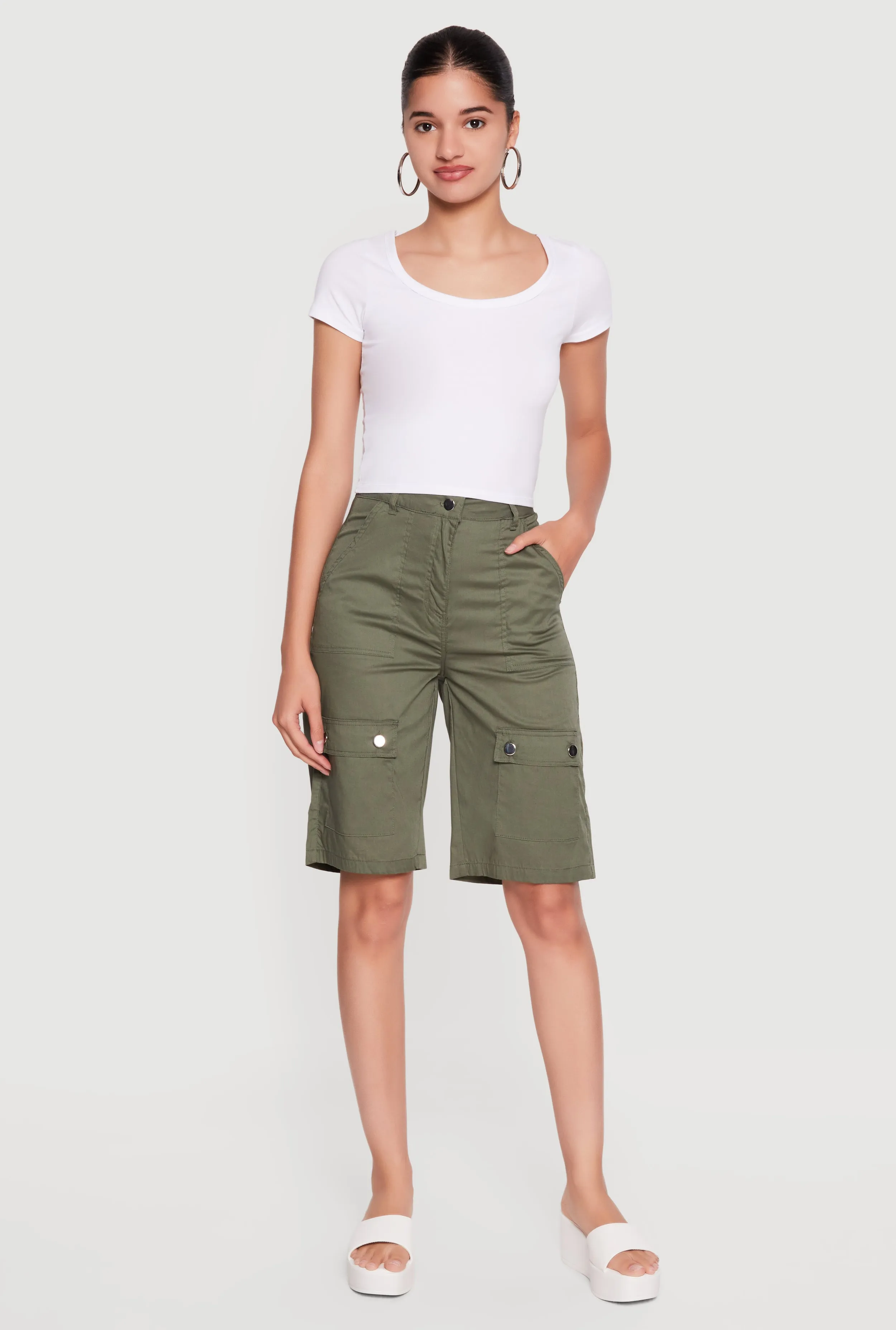 Poplin High Waisted Cargo Pocket Bermuda Shorts sold by Rainbow