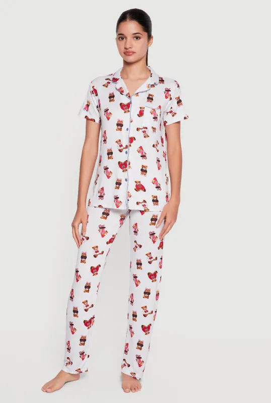 Striped Teddy Bear Print Pajama Top and Pants Set made by Rainbow