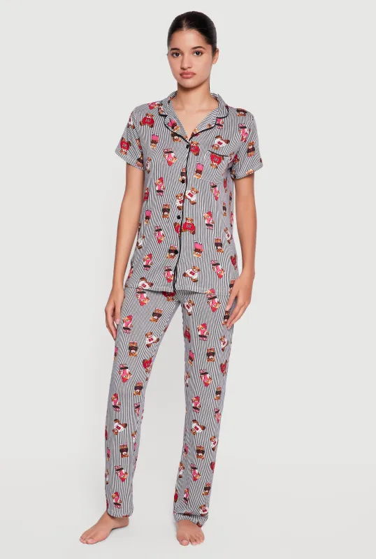 Striped Teddy Bear Print Pajama Top and Pants Set made by Rainbow