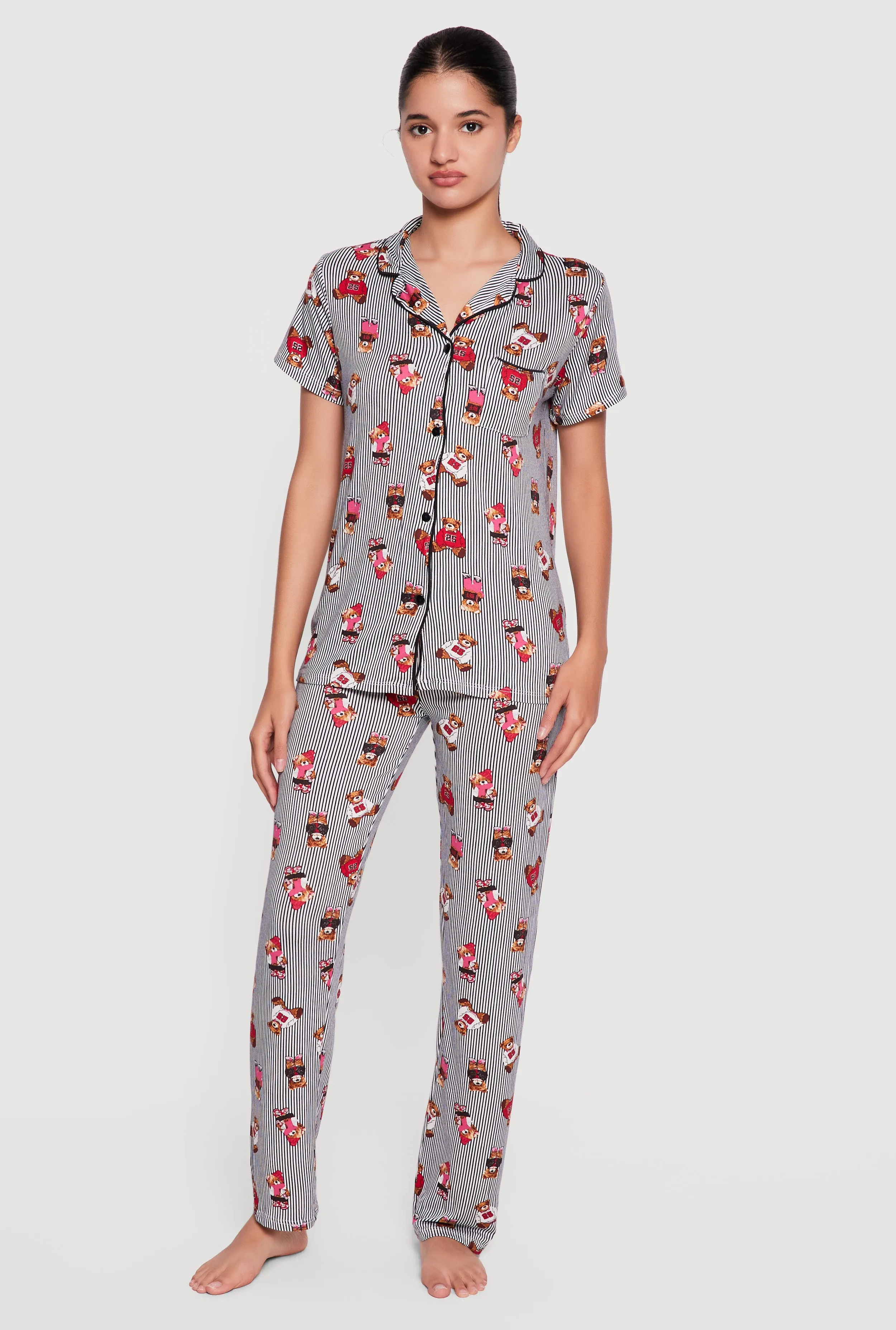 Striped Teddy Bear Print Pajama Top and Pants Set sold by Rainbow
