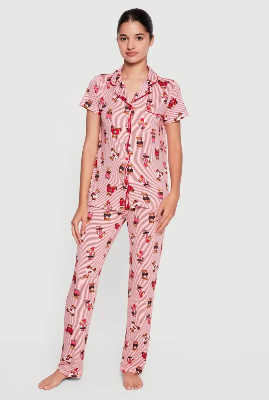 Striped Teddy Bear Print Pajama Top and Pants Set made by Rainbow