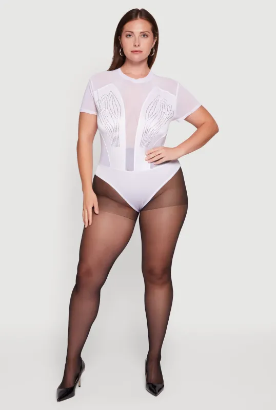 Plus Size Rhinestone Detail Short Sleeve Mesh Bodysuit made by Rainbow