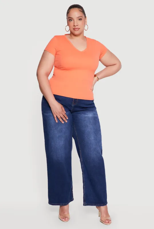 Plus Size Basic Short Sleeve V-Neck Top made by Rainbow