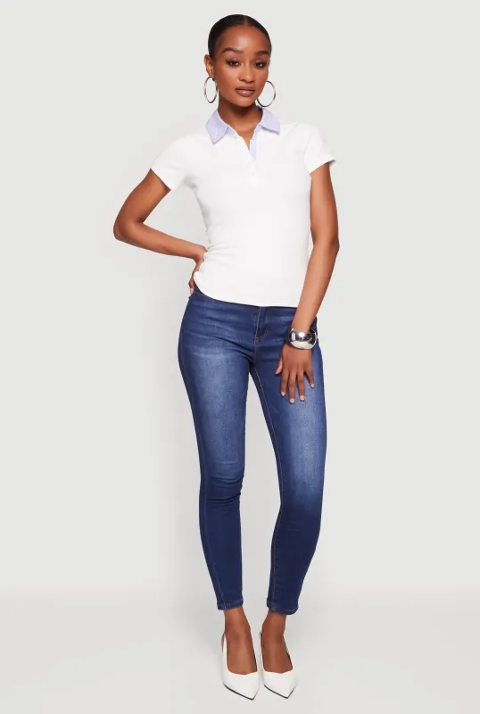 Contrast Trim Pinstriped Polo Shirt made by iris