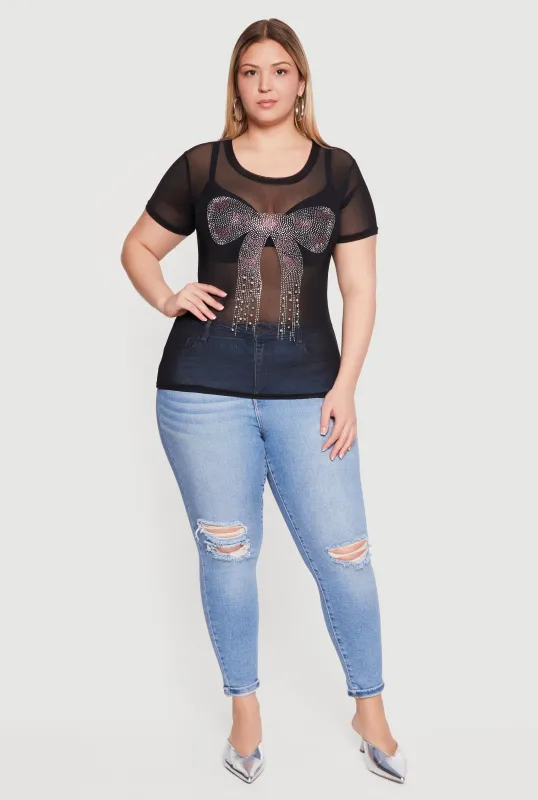 Plus Size Rhinestone Bow Graphic Mesh Top made by Rainbow