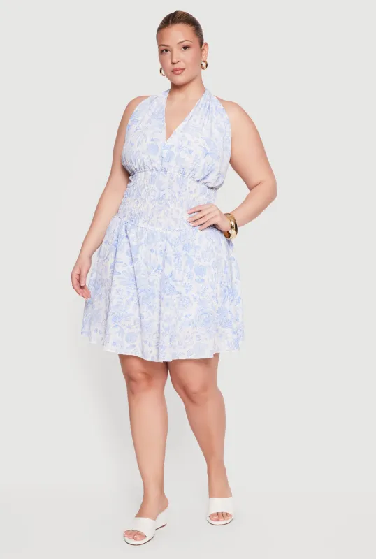 Plus Size Floral Print Smocked Waist Skater Dress with Shorts Lining made by Rainbow