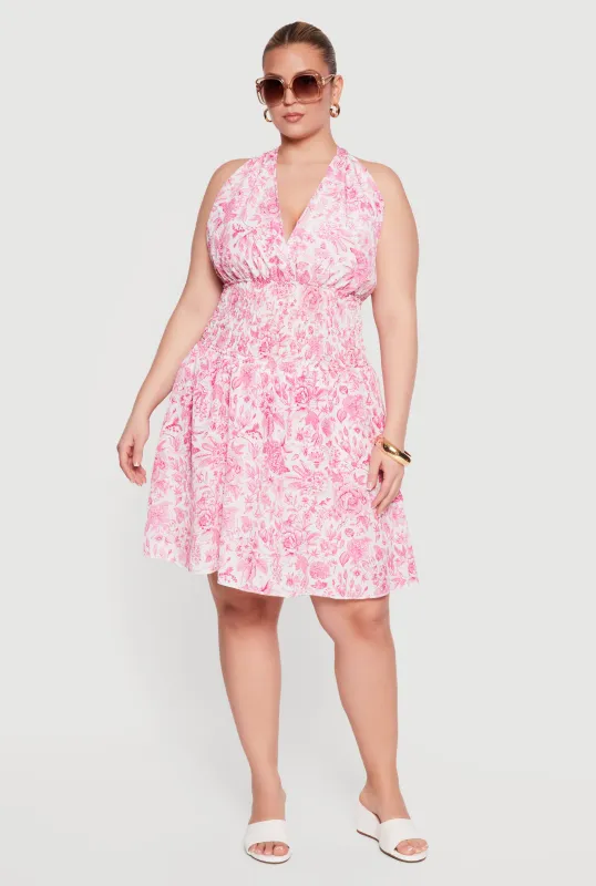 Plus Size Floral Print Smocked Waist Skater Dress with Shorts Lining made by Rainbow