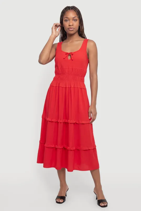 Smocked Waist Ruffle Trim Midi Dress made by Rainbow