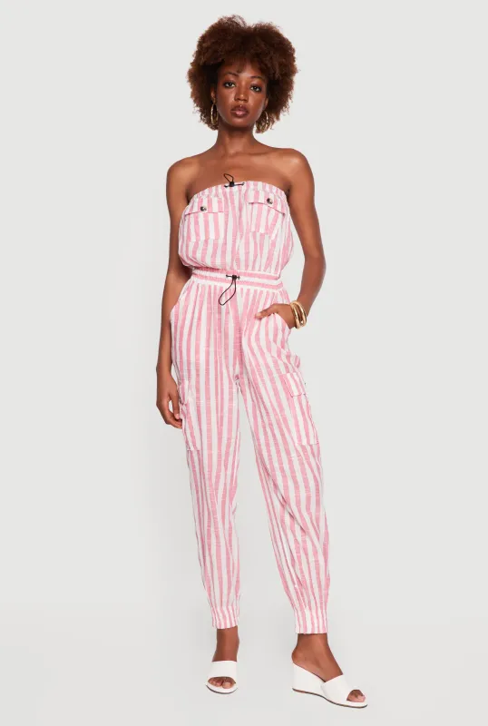 Striped Toggle Drawstring Cargo Pocket Jumpsuit made by Rainbow