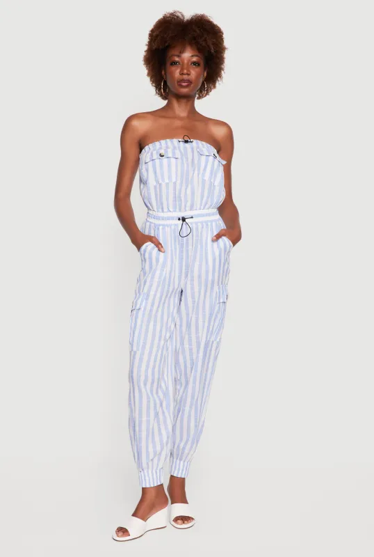 Striped Toggle Drawstring Cargo Pocket Jumpsuit made by Rainbow