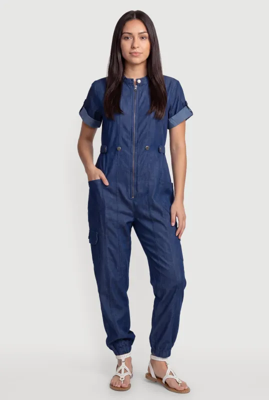 Tab Sleeve Zip Front Cargo Pocket Jumpsuit made by Rainbow