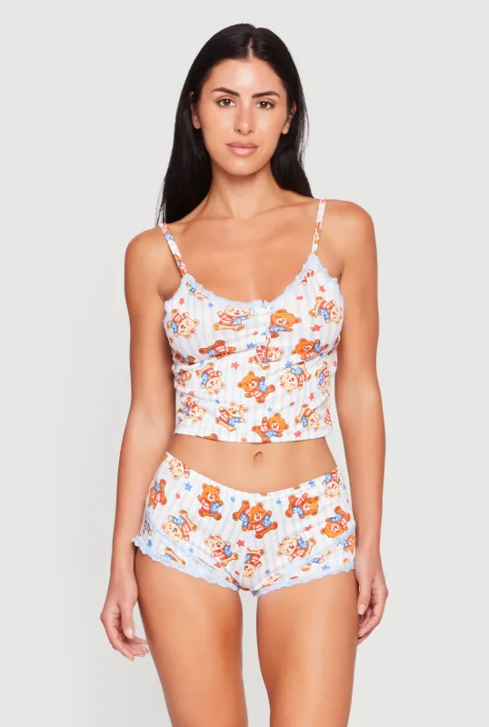 Striped Bear Print Cropped Pajama Cami and Boyshorts made by Rainbow