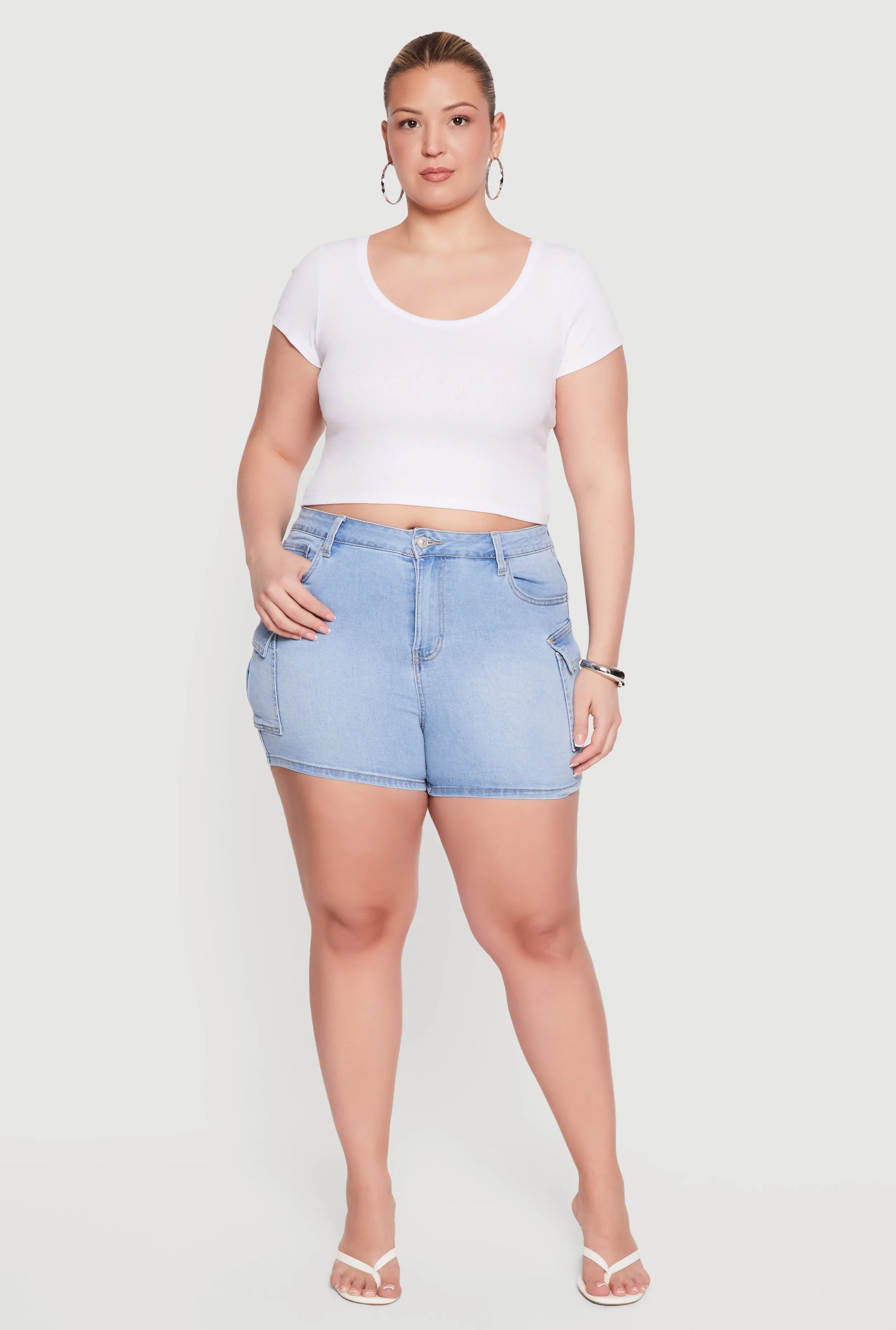 Plus Size High Waisted Denim Cargo Shorts sold by Rainbow