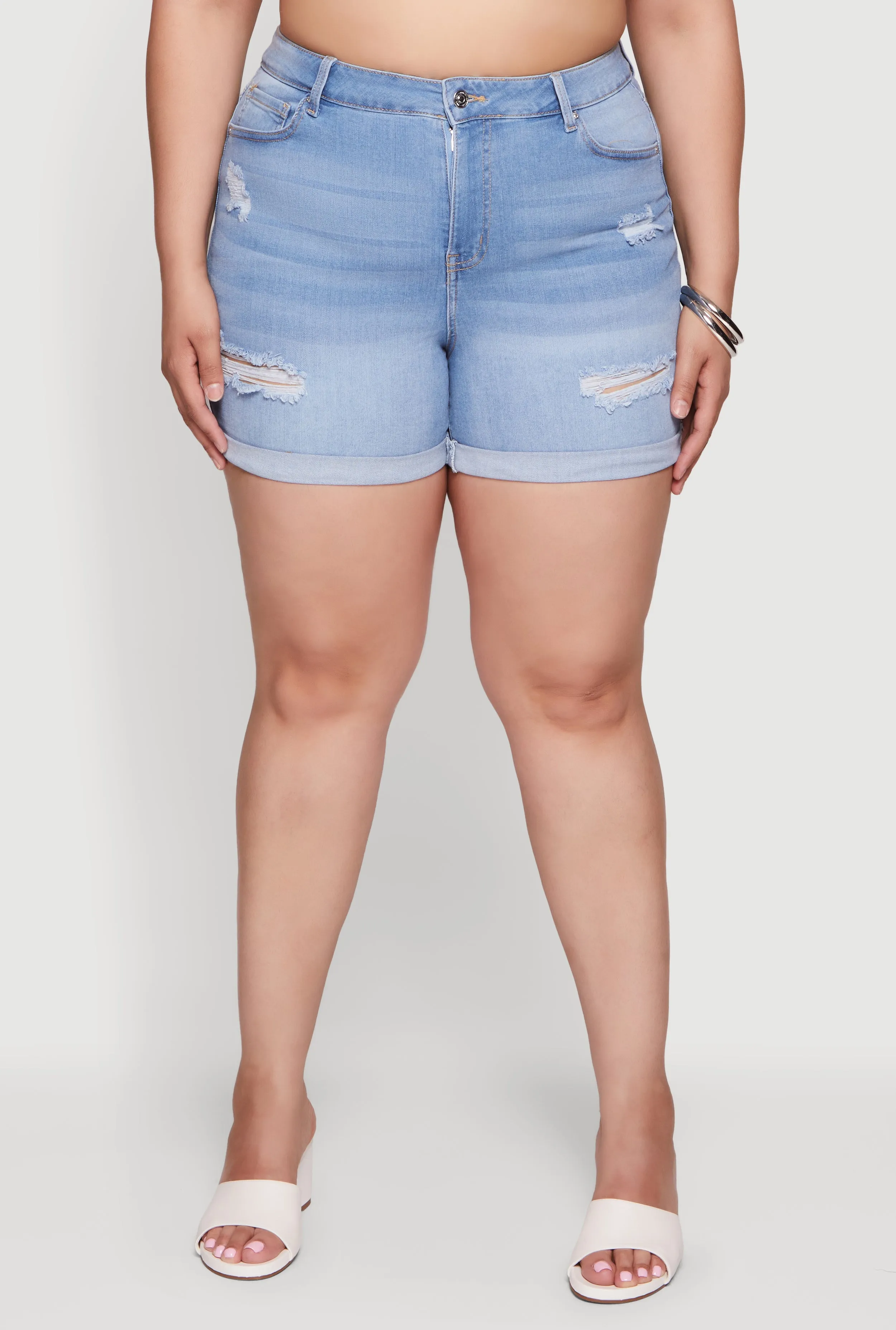 Plus Size High Waisted Distressed Denim Shorts sold by Rainbow product image thumbnail 3