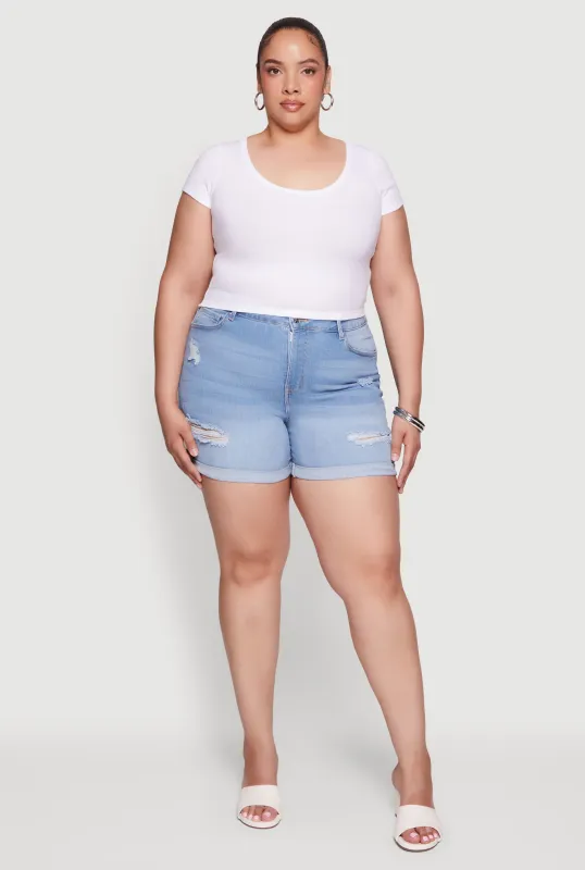 Plus Size High Waisted Distressed Denim Shorts made by Rainbow